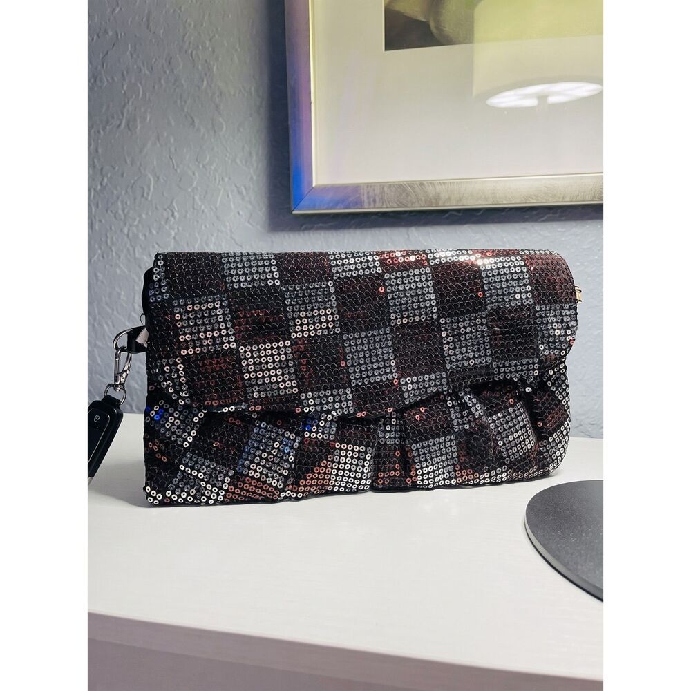 Vintage 70s 80s Black Sequin Patchwork Clutch Purse Disco Evening Bag Retro Glam